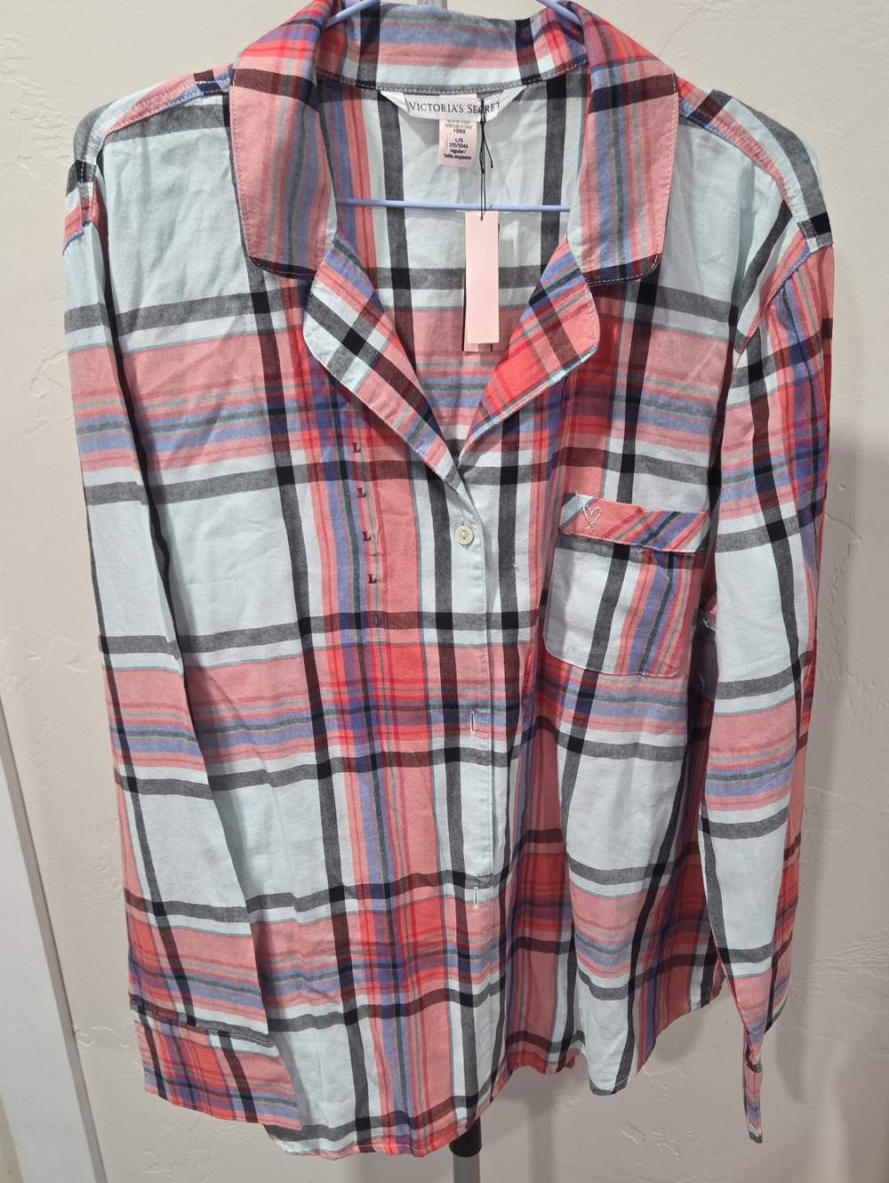 PINK Victoria's Secret Plaid Button-Up Shirt - Coral & Light Blue